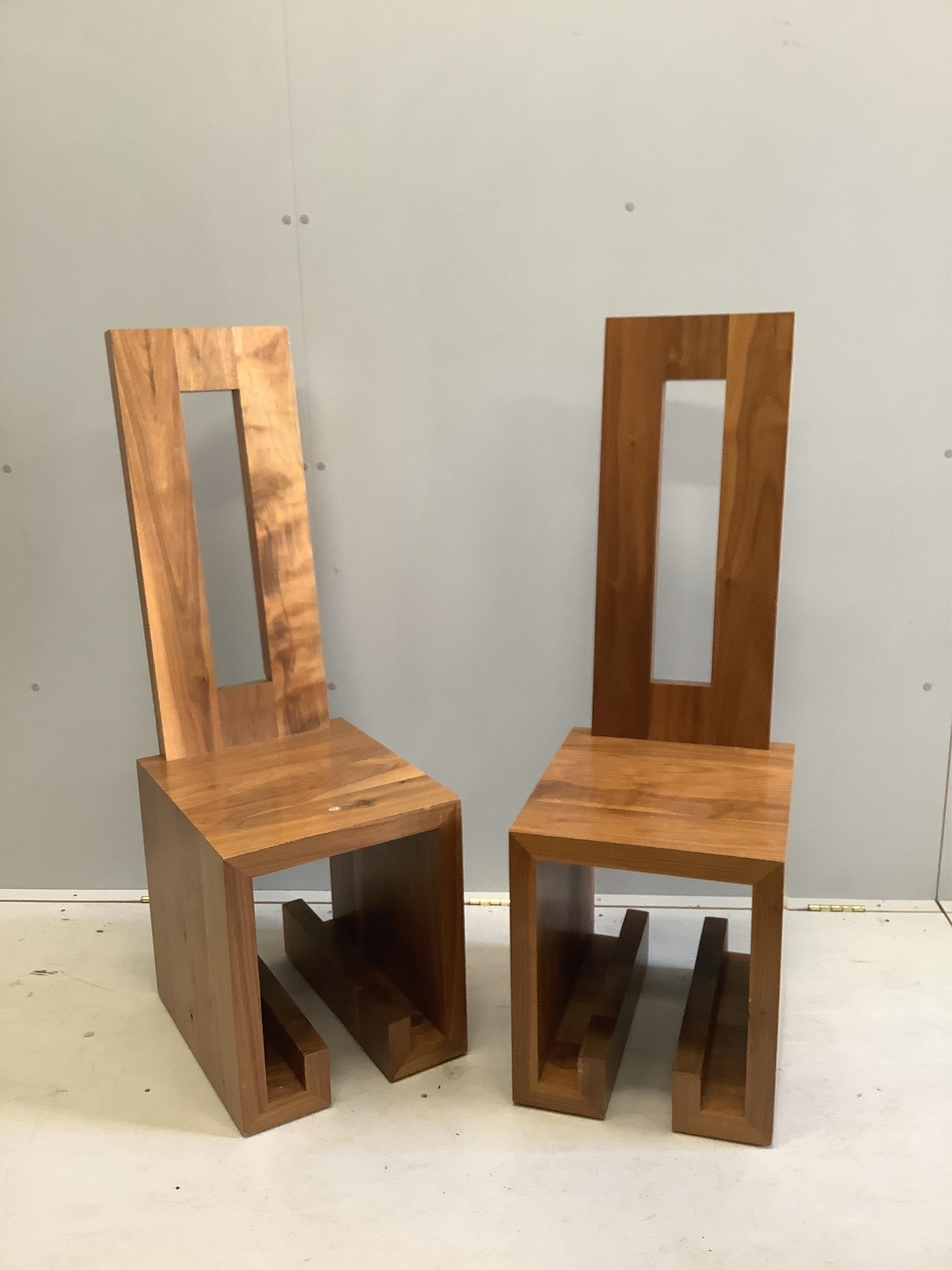 DFP Design, a solid American walnut and glass dining table, width 240cm, depth 83cm, height 73cm, together with a pair of solid walnut dining chairs and four 1920’s chrome dining chairs with bespoke leather pads. Conditi